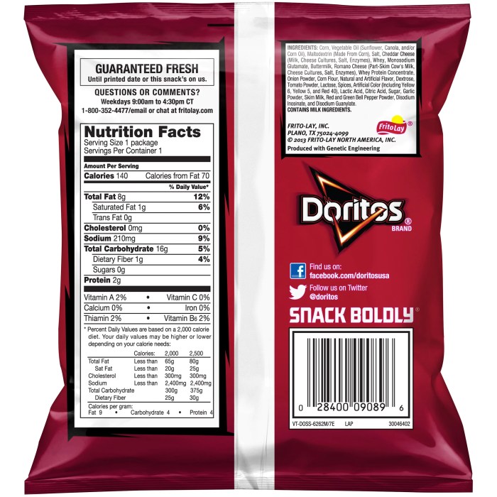 Normal doritos bag size nutrition facts